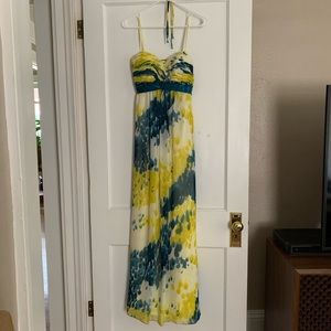 Blue & yellow strapless floor length prom dress